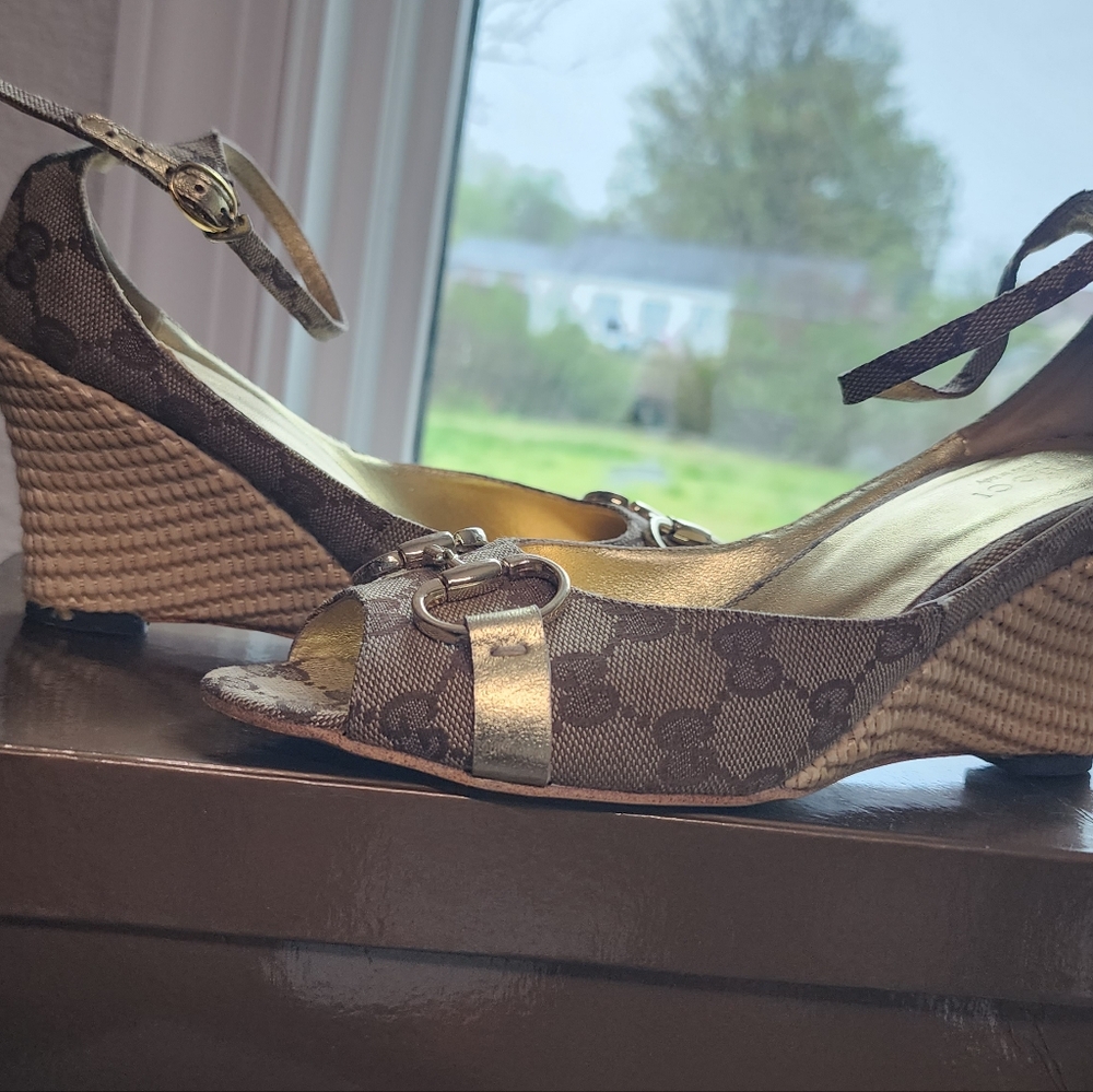 Gucci Gold and Brown Wedge Shoes